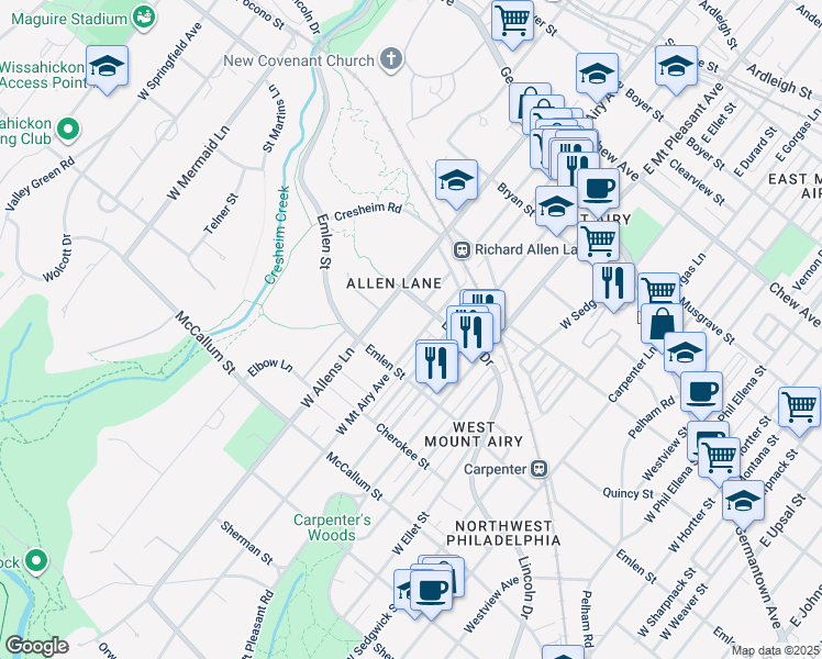 map of restaurants, bars, coffee shops, grocery stores, and more near 327 West Mount Airy Avenue in Philadelphia