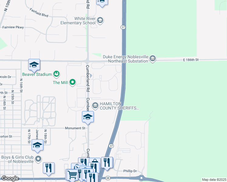 map of restaurants, bars, coffee shops, grocery stores, and more near 1200-1504 Millers Court in Noblesville