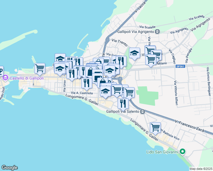 map of restaurants, bars, coffee shops, grocery stores, and more near 22 Via Foggia in Gallipoli