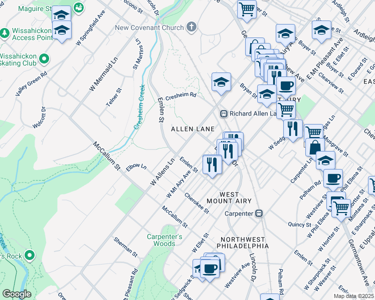 map of restaurants, bars, coffee shops, grocery stores, and more near 342 West Allens Lane in Philadelphia