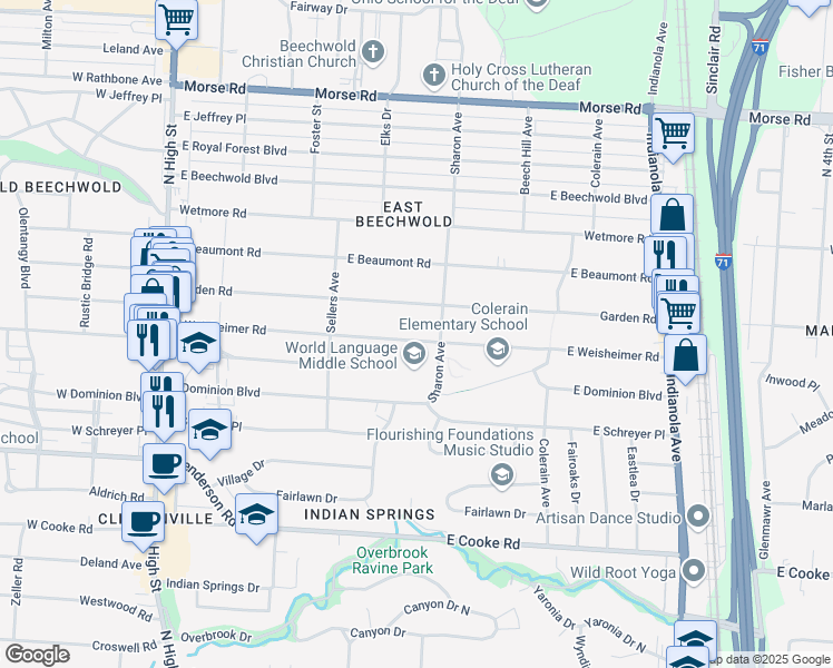 map of restaurants, bars, coffee shops, grocery stores, and more near 358 East Weisheimer Road in Columbus