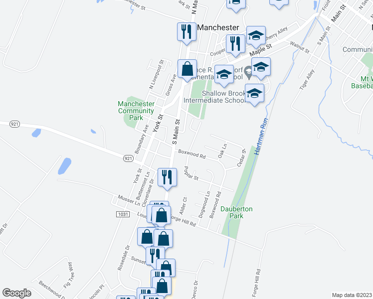 map of restaurants, bars, coffee shops, grocery stores, and more near 10 North Poplar Court in Manchester
