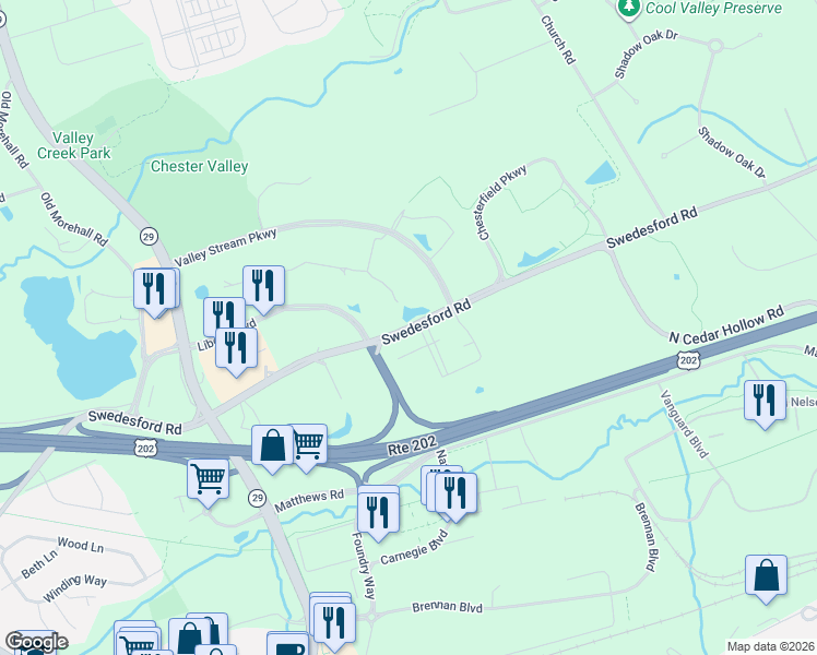 map of restaurants, bars, coffee shops, grocery stores, and more near 52 Swedesford Road in Malvern