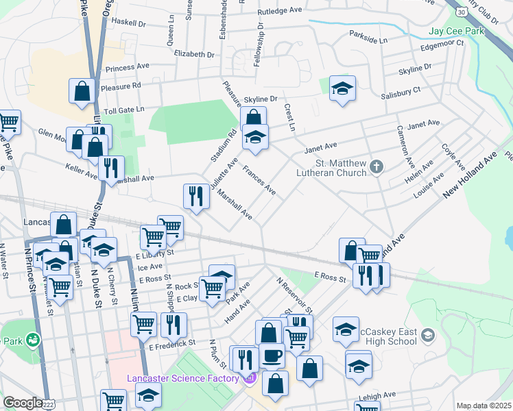 map of restaurants, bars, coffee shops, grocery stores, and more near 625 Janet Avenue in Lancaster