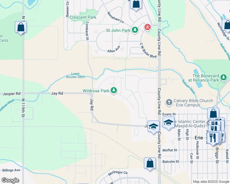 map of restaurants, bars, coffee shops, grocery stores, and more near 12015-12053 Jay Road in Erie