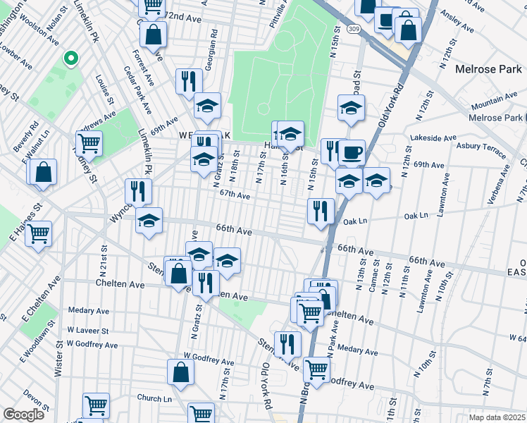 map of restaurants, bars, coffee shops, grocery stores, and more near 6640 North Smedley Street in Philadelphia