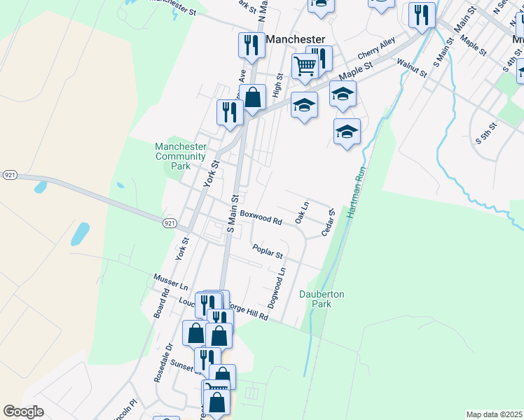 map of restaurants, bars, coffee shops, grocery stores, and more near 21 North Poplar Court in Manchester