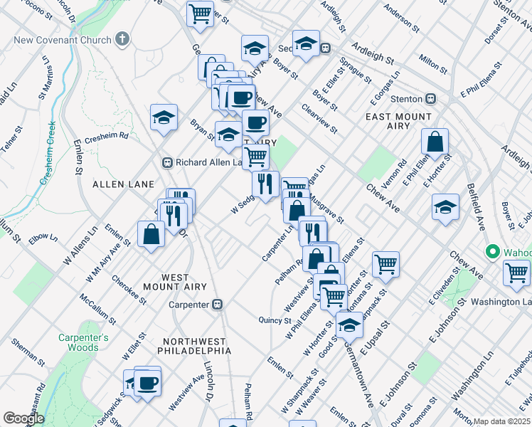 map of restaurants, bars, coffee shops, grocery stores, and more near 6901 Cresheim Road in Philadelphia
