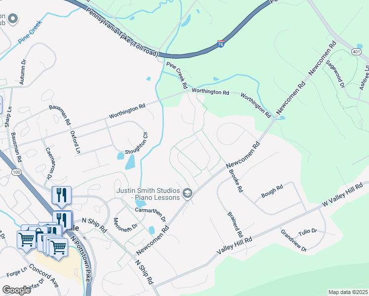 map of restaurants, bars, coffee shops, grocery stores, and more near 522 Cobbleskill Lane in Exton