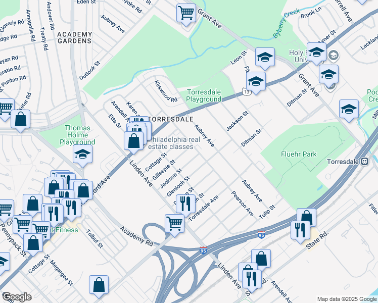 map of restaurants, bars, coffee shops, grocery stores, and more near 9341 Gillespie Street in Philadelphia