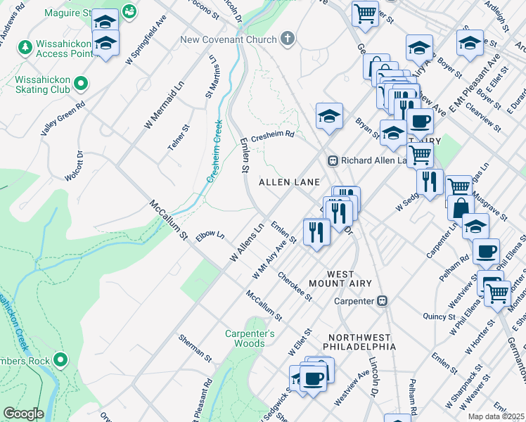 map of restaurants, bars, coffee shops, grocery stores, and more near 333 West Allens Lane in Philadelphia