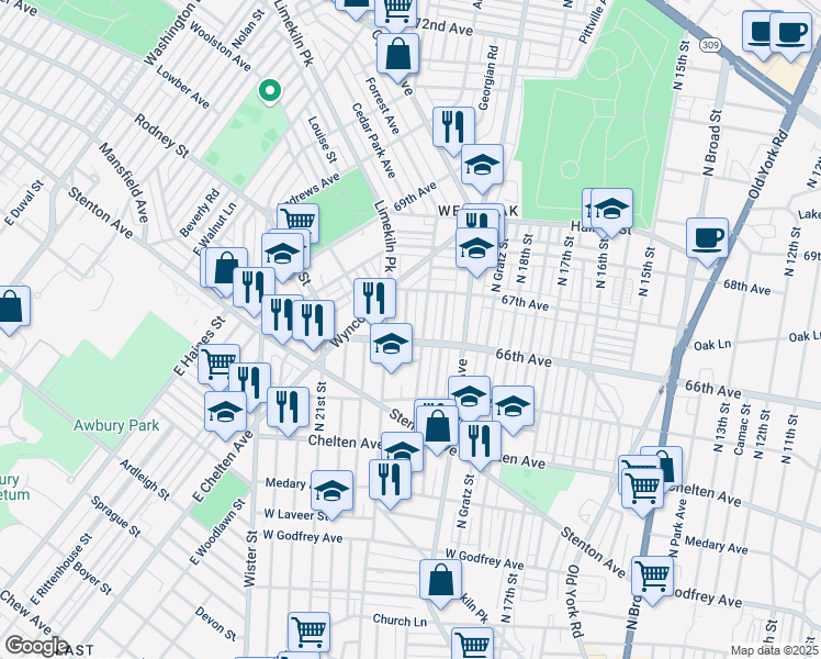 map of restaurants, bars, coffee shops, grocery stores, and more near 6611 North Opal Street in Philadelphia