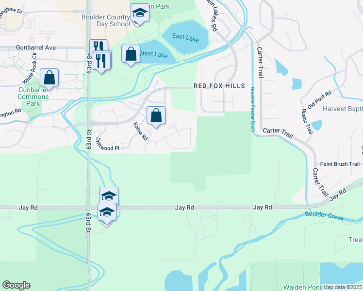 map of restaurants, bars, coffee shops, grocery stores, and more near 4442 Sandpiper Circle in Boulder