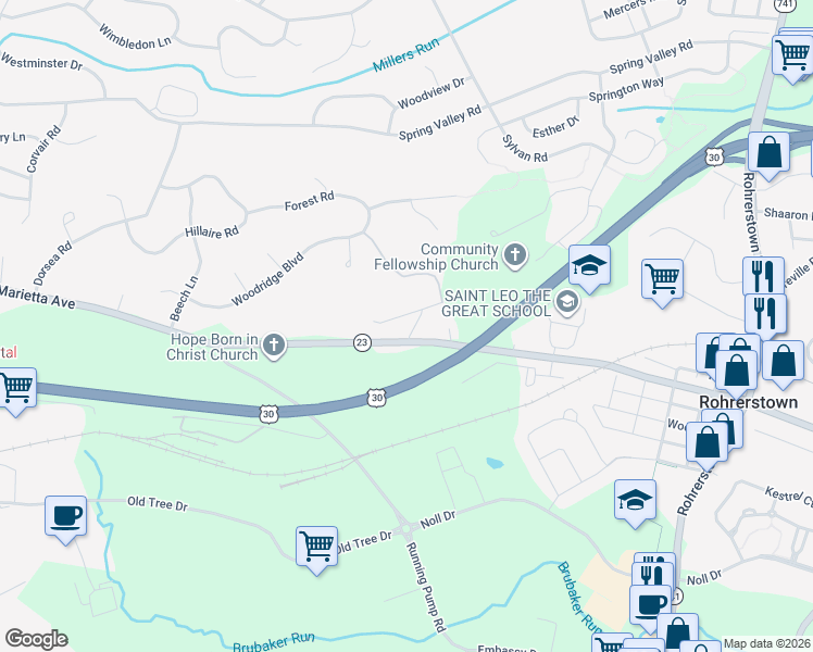 map of restaurants, bars, coffee shops, grocery stores, and more near 710 Pin Oak Drive in Lancaster