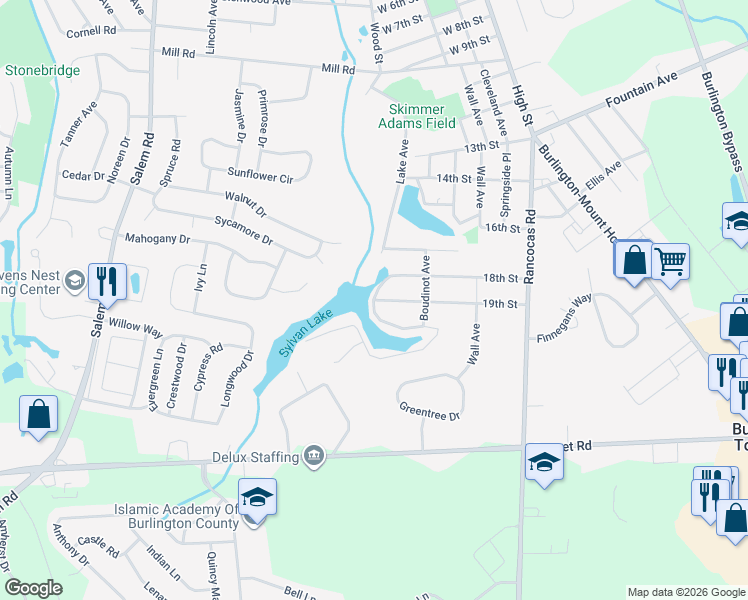 map of restaurants, bars, coffee shops, grocery stores, and more near 1915 Sylvan Park Rd in Burlington Township