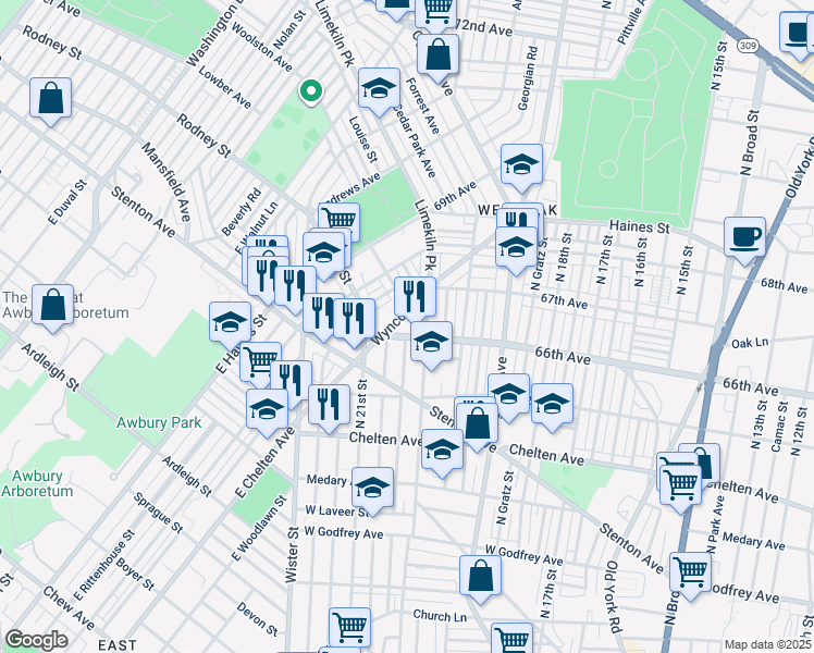 map of restaurants, bars, coffee shops, grocery stores, and more near 2011 66th Avenue in Philadelphia