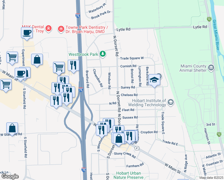 map of restaurants, bars, coffee shops, grocery stores, and more near 675 Windsor Road in Troy