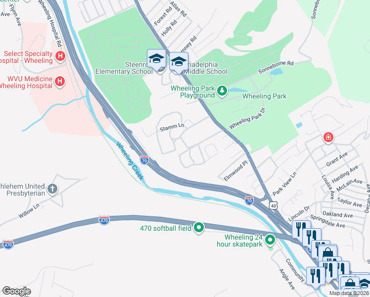 map of restaurants, bars, coffee shops, grocery stores, and more near 13 Hubbard Drive in Wheeling