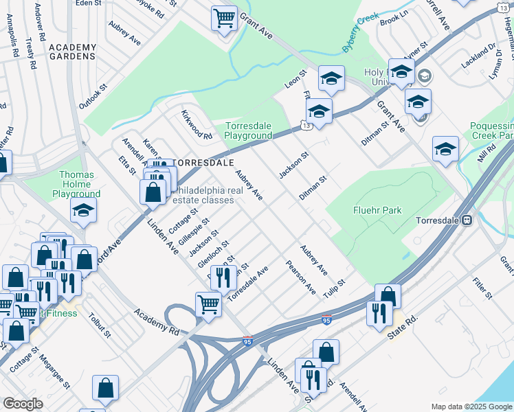 map of restaurants, bars, coffee shops, grocery stores, and more near 4506 Aubrey Avenue in Philadelphia