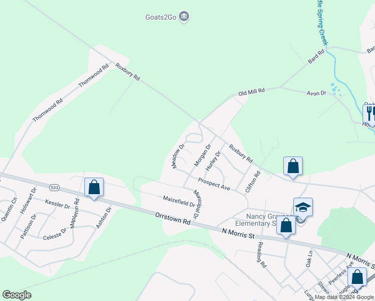 map of restaurants, bars, coffee shops, grocery stores, and more near Meadow Drive in Shippensburg