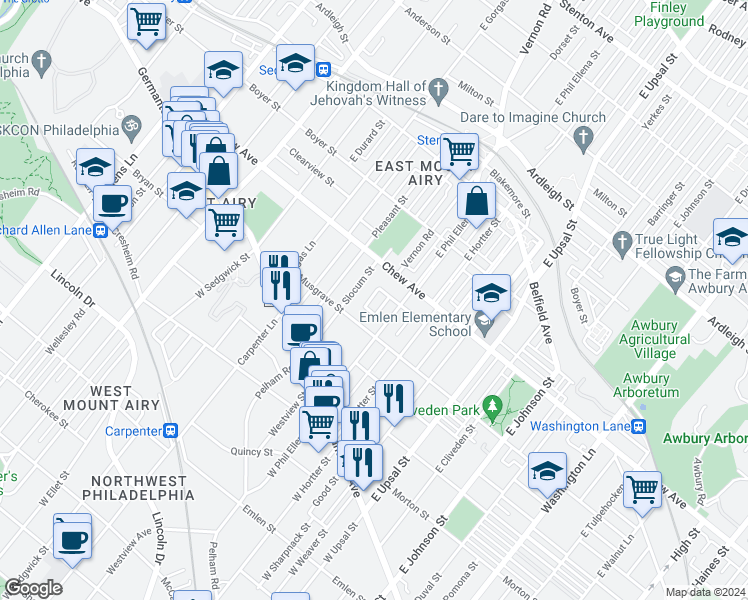 map of restaurants, bars, coffee shops, grocery stores, and more near 230 Dorset Street in Philadelphia