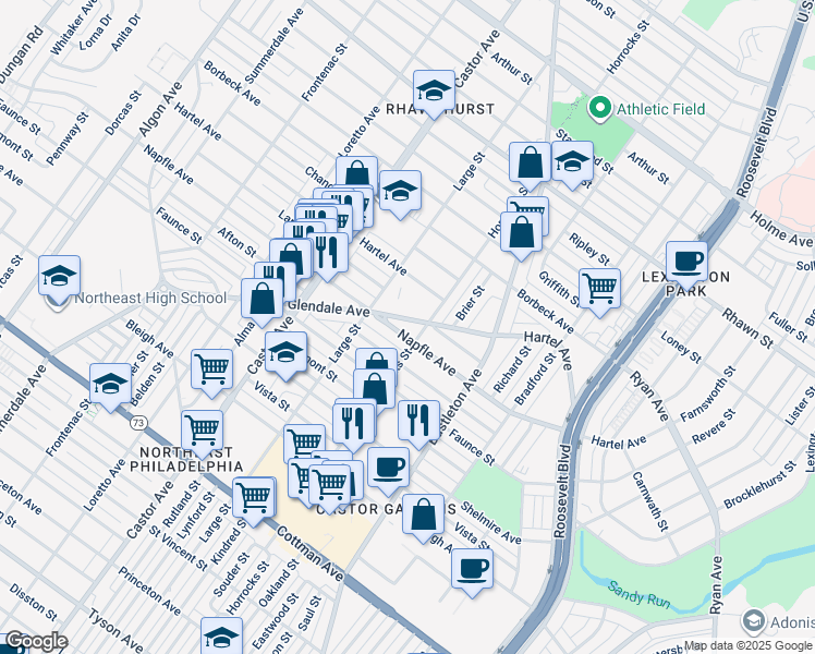 map of restaurants, bars, coffee shops, grocery stores, and more near 2202 Napfle Avenue in Philadelphia