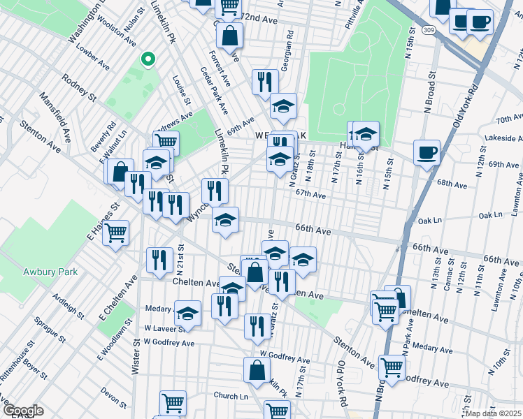 map of restaurants, bars, coffee shops, grocery stores, and more near 6546 Ogontz Avenue in Philadelphia