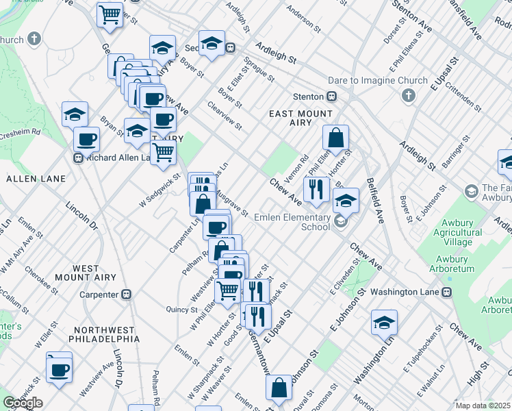 map of restaurants, bars, coffee shops, grocery stores, and more near 6716 Bass Street in Philadelphia