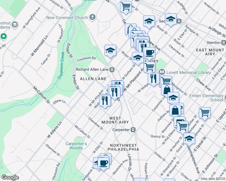 map of restaurants, bars, coffee shops, grocery stores, and more near 7118 Lincoln Drive in Philadelphia