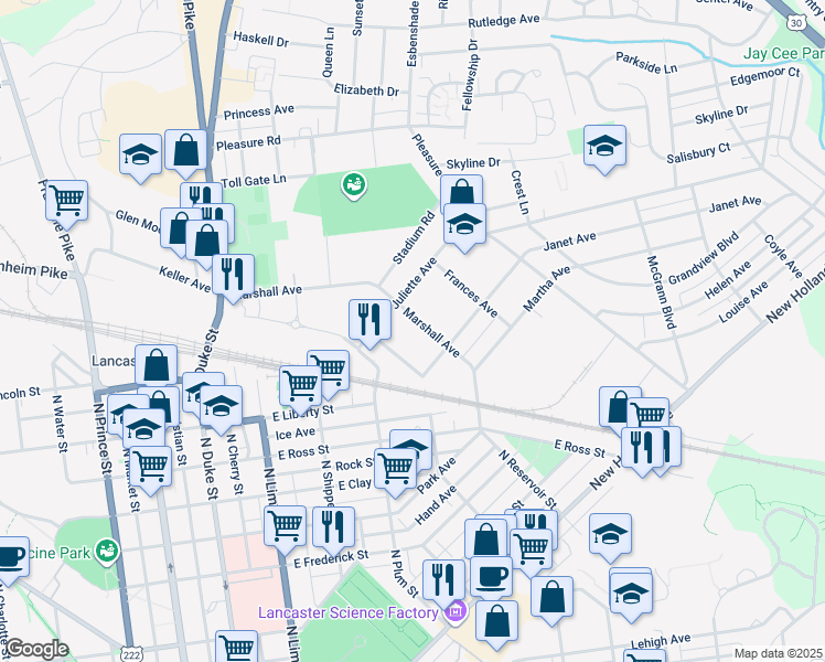 map of restaurants, bars, coffee shops, grocery stores, and more near 1102 Marshall Avenue in Lancaster