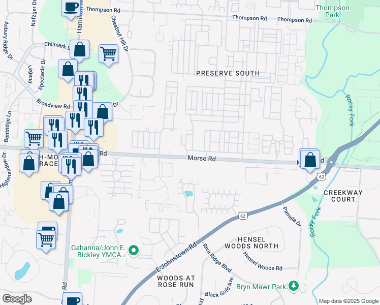 map of restaurants, bars, coffee shops, grocery stores, and more near 5195 Morse Road in Columbus