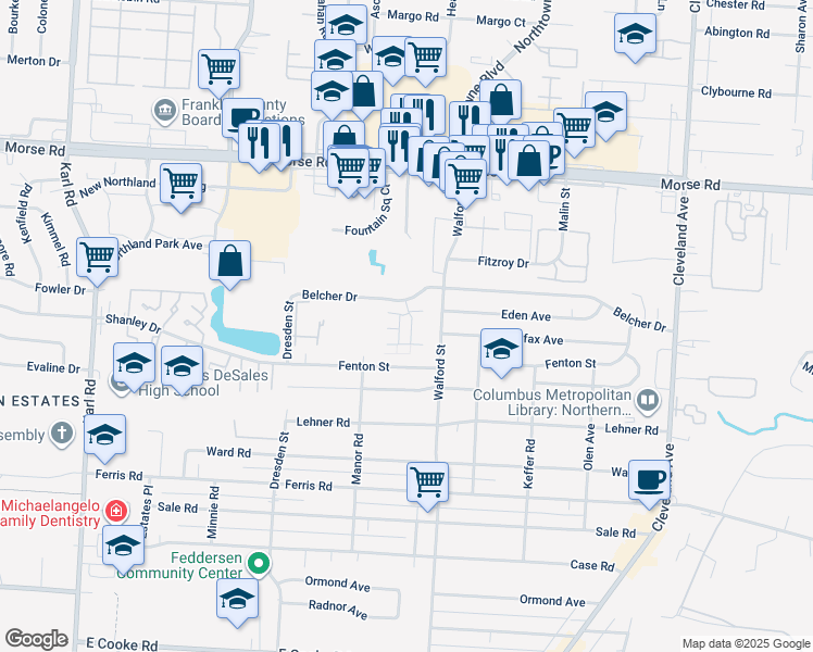 map of restaurants, bars, coffee shops, grocery stores, and more near 4326 Belcher Court in Columbus