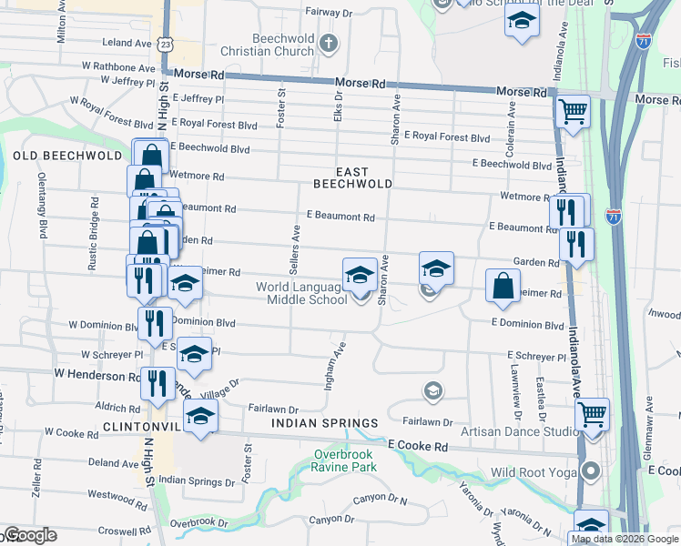 map of restaurants, bars, coffee shops, grocery stores, and more near 315 East Weisheimer Road in Columbus