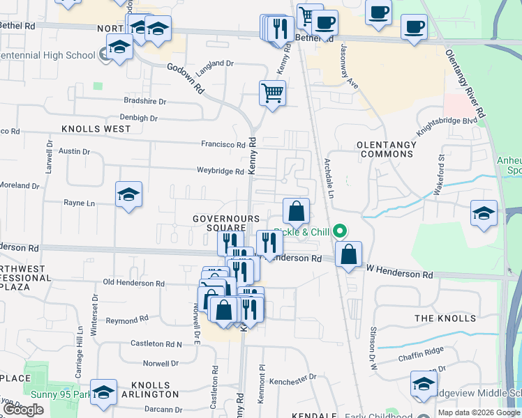 map of restaurants, bars, coffee shops, grocery stores, and more near 4660 Charecote Lane in Columbus