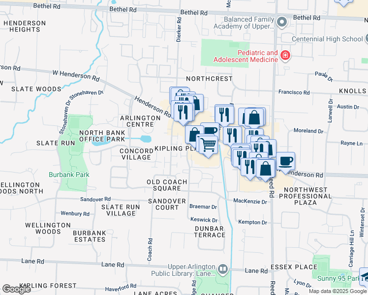 map of restaurants, bars, coffee shops, grocery stores, and more near 4811 Nugent Drive in Columbus