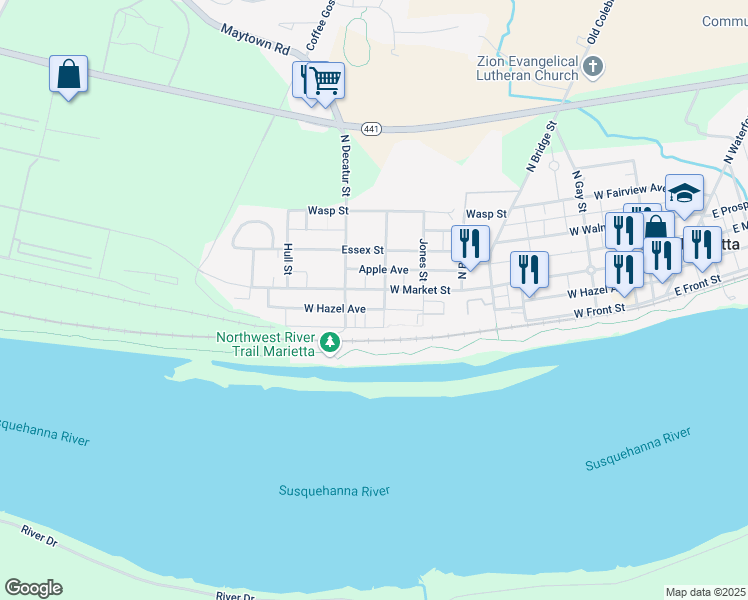 map of restaurants, bars, coffee shops, grocery stores, and more near 39 South Porter Street in Marietta