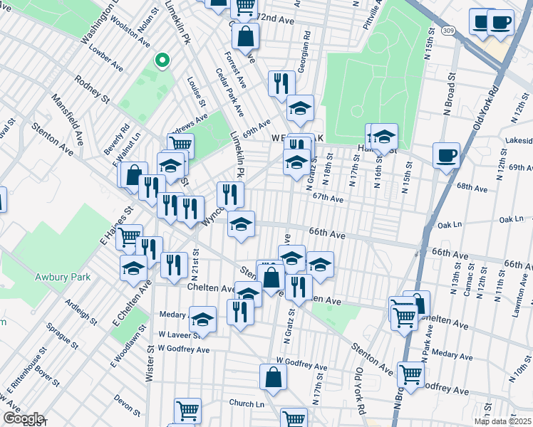 map of restaurants, bars, coffee shops, grocery stores, and more near 6617 North 20th Street in Philadelphia