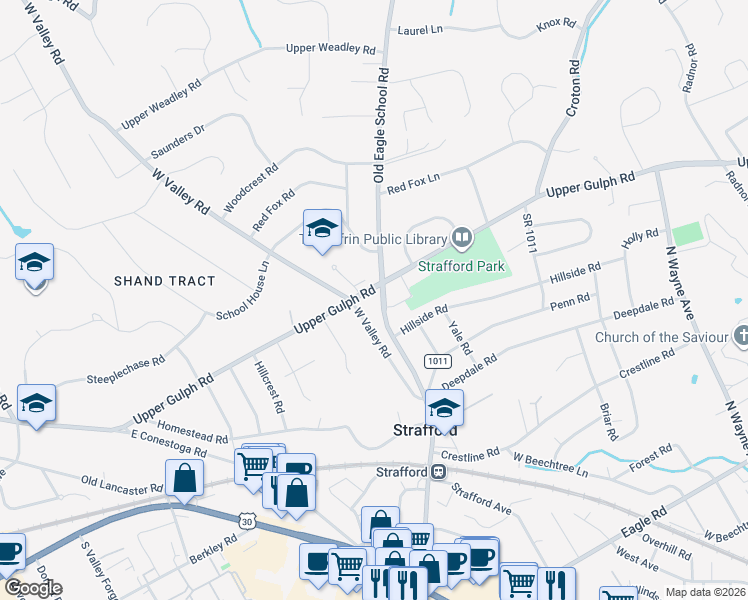 map of restaurants, bars, coffee shops, grocery stores, and more near 275 West Valley Road in Wayne
