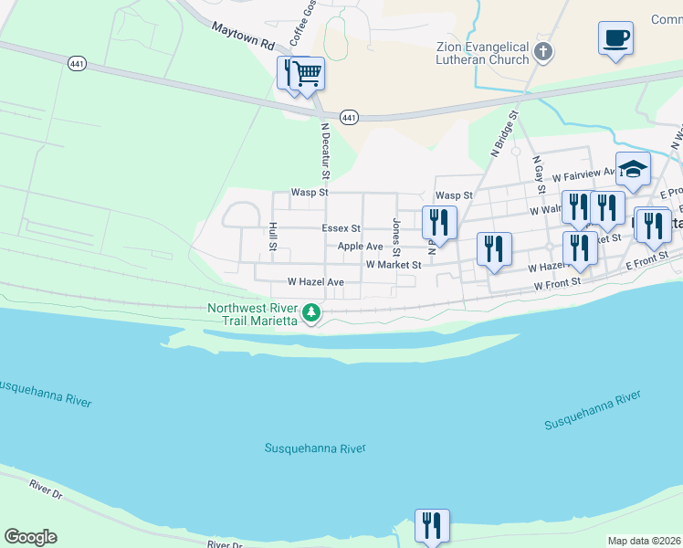 map of restaurants, bars, coffee shops, grocery stores, and more near 577 West Hazel Avenue in Marietta
