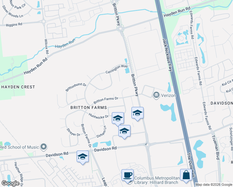 map of restaurants, bars, coffee shops, grocery stores, and more near 5084 Britton Farms Drive in Hilliard