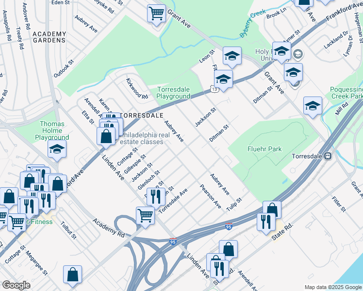 map of restaurants, bars, coffee shops, grocery stores, and more near 4508 Aubrey Avenue in Philadelphia