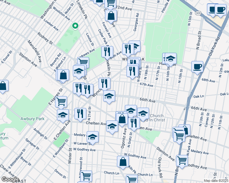 map of restaurants, bars, coffee shops, grocery stores, and more near 6613 North Opal Street in Philadelphia