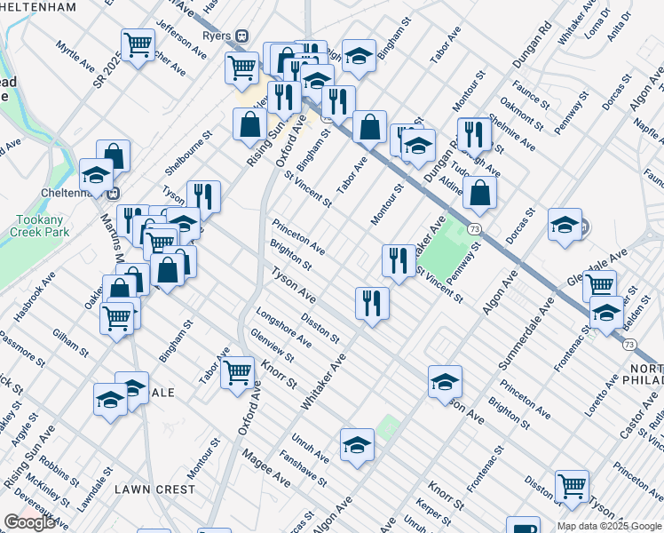 map of restaurants, bars, coffee shops, grocery stores, and more near 736 Princeton Avenue in Philadelphia