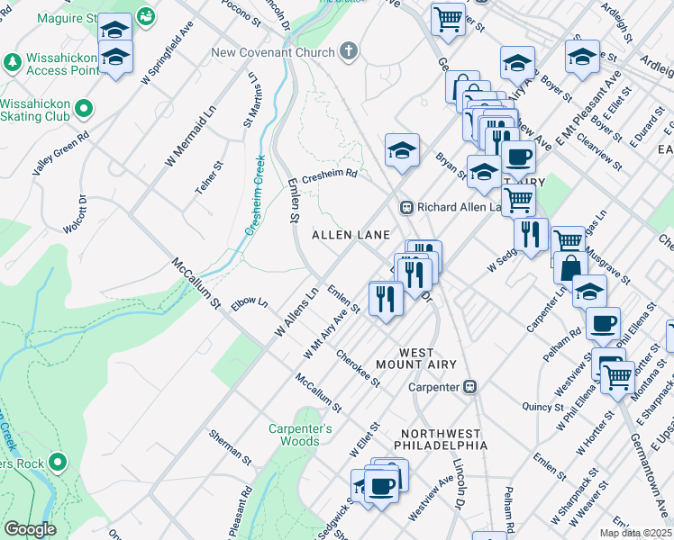 map of restaurants, bars, coffee shops, grocery stores, and more near 342 West Allens Lane in Philadelphia