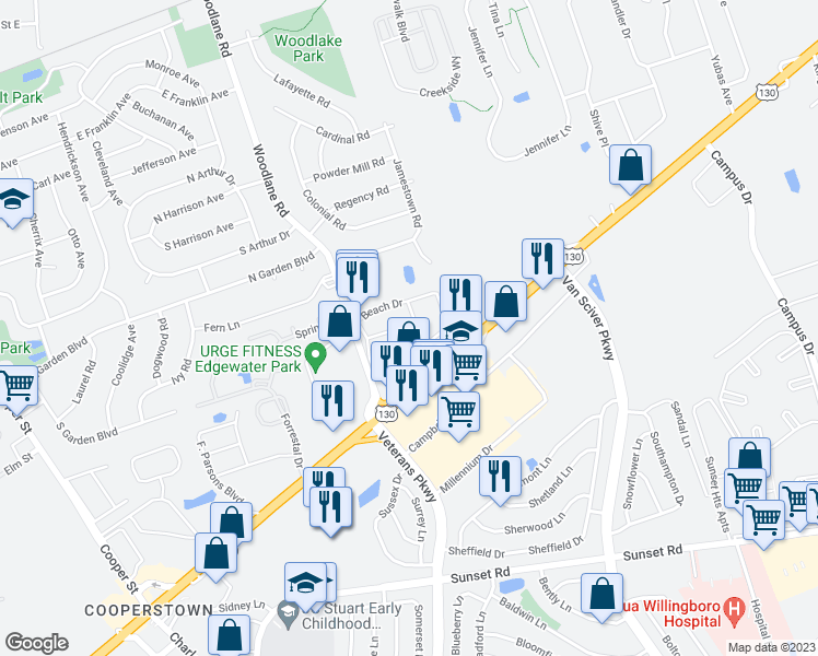 map of restaurants, bars, coffee shops, grocery stores, and more near 4385 U.S. 130 in Burlington