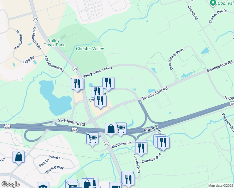 map of restaurants, bars, coffee shops, grocery stores, and more near 40 Liberty Boulevard in Malvern
