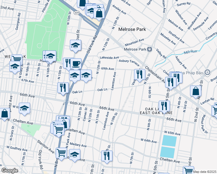 map of restaurants, bars, coffee shops, grocery stores, and more near 1039 Oak Lane in Philadelphia