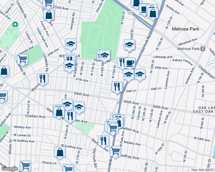 map of restaurants, bars, coffee shops, grocery stores, and more near 1514 67th Avenue in Philadelphia