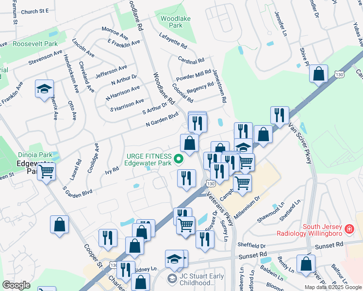 map of restaurants, bars, coffee shops, grocery stores, and more near 28 Spring Lane in Edgewater Park
