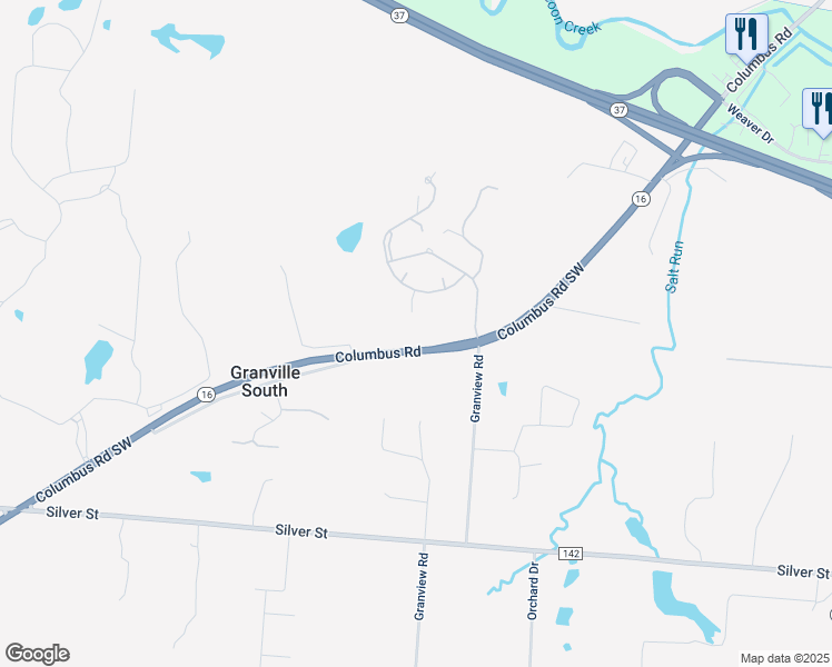 map of restaurants, bars, coffee shops, grocery stores, and more near 2210 Columbus Road in Granville